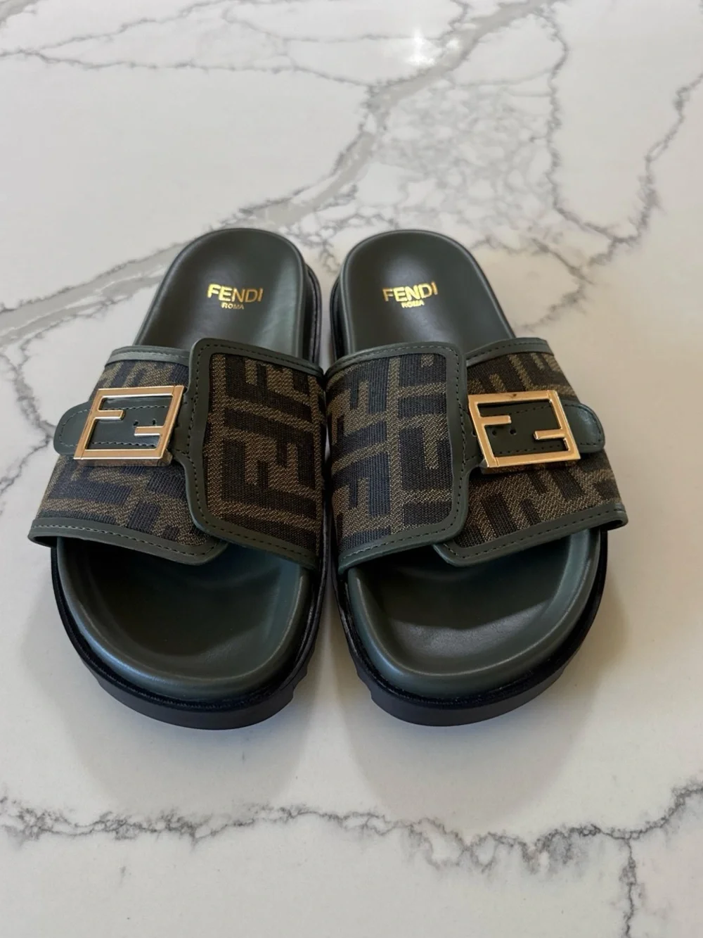 SOLD! F slides brown tan gold 7.5-8 - Picture 2 of 7